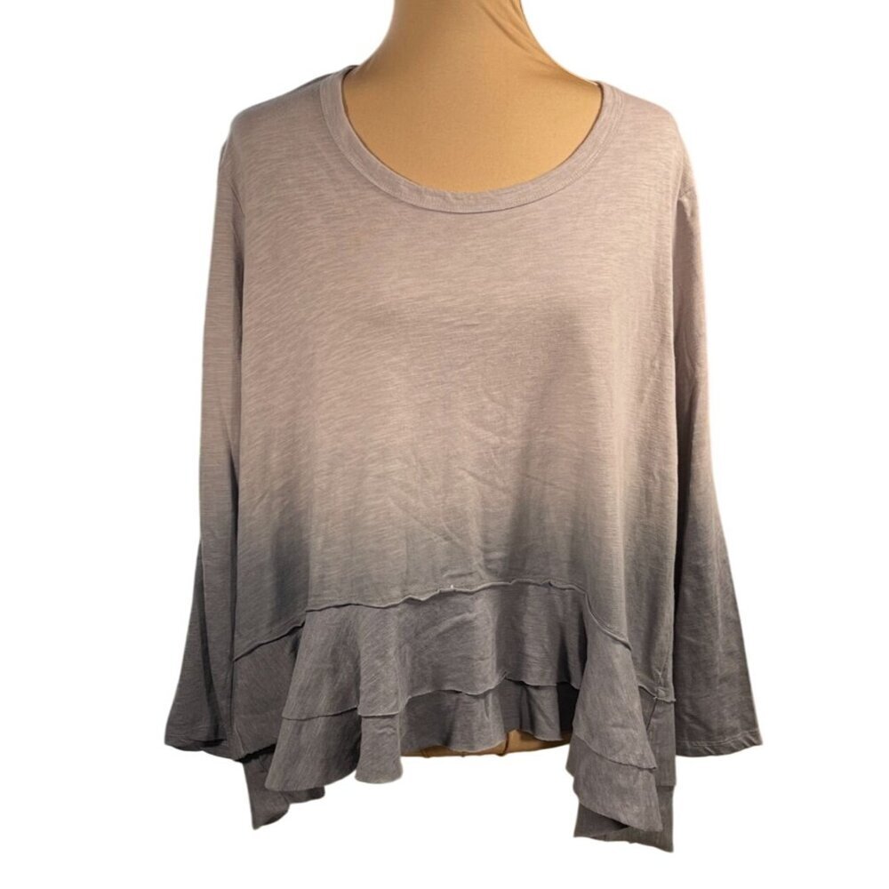 New Falls Creek Ruffle Hem Top Scoop Neck Ombre Grey Size 1X Cotton Blend